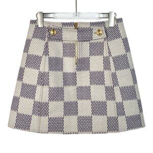 Louis Vuitton Paris Checkerboard Wool Skirt Size 36 Beige & Blue With Gold Butto